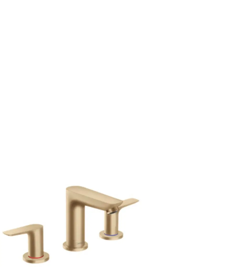 Waschtischarmatur von Hansgrohe mit drei Komponenten: zwei Hebeln für Warm- und Kaltwasser sowie einem mittleren Auslauf. Oberflächenfinish in Bronze.